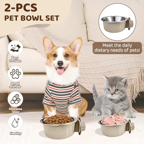 2Pcs Pets Lightweight Stainless Steel Bowl,Removable Stainless Steel Pet Hanging Food Water Feeder Bowl for Puppy Dog Cat Rabbit Ferret Bird Gunea Pigs (Gray-Large) - size: Gray-Large