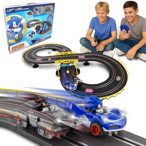 NKOK Sonic & Shadow Figure-8 Slot Car Race Track Set with Lap Counter | Officially licensed – includes 2 Sonic the Hedgehog vehicles, 2 controllers, 16 track pieces, and working lights Ages 5+ - style: Sonic & Shadow
