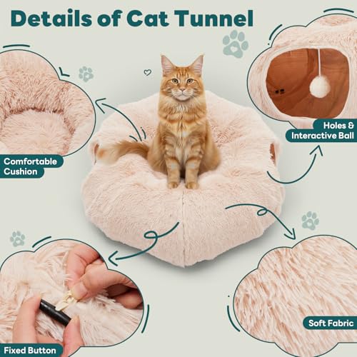 DUMOS Cat Tunnel Bed for Indoor Cats, Cave Donut Play Tunnel, Cream | Soft Plush Peekaboo, Washable Circle Cushion, Multifunctional Playground Under Tree Toys for Kittens, Puppy, Rabbit, Ferret - color: Cream