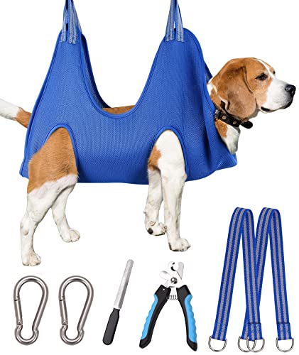 Kkiimatt Pet Dog Grooming Hammock Harness, Dog Nail Hammock, Hanging Harness Nail Trimming,Grooming Sling Holder Helper for Clipping/Cutting,Hanger Restraint Bag with Nail Trimmer. - color: Blue, size: L/Under 56 lb