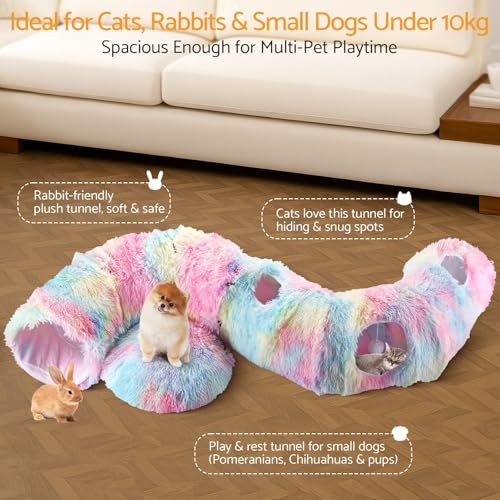 Cat Tunnel Bed, Collapsible Cat Tunnel with Washable Cushion,3-in-1 Multi-Functional Play Tunnel with Peek Holes & Ears, Indoor Playhouse for Cats Kittens Rabbits Small Dogs,Gift for Pet - color: Rainbow