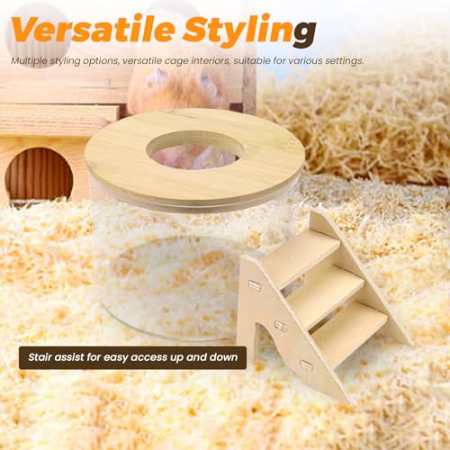 ASTIMESA Plastic Hamster Sand Bath Container with Ladder, Clear Hamster Litter Box Tub Wood Cover for Chinchilla Pet Gerbil Guinea Pig Digging Small Animal House Round