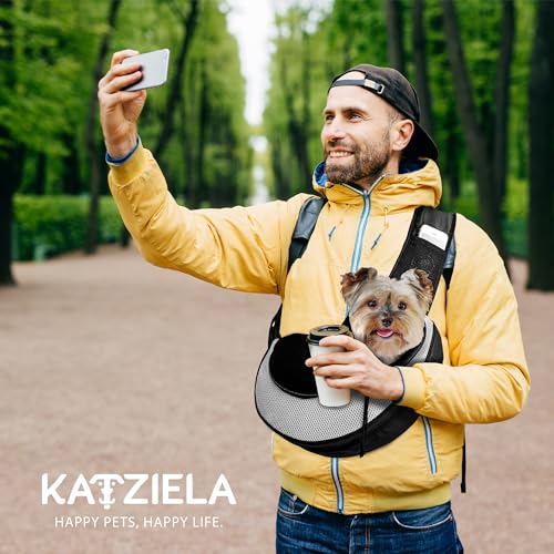 Expandable Pet Carrier Sling Bag - Small Dog, Puppy and Cat Carrier Front Shoulder Backpack w/Harness Strap - Carrying Pouch for ESA, Animal Travel - PU Leather Bottom, Mesh Pocket by Katziela (Grey) - color: Grey