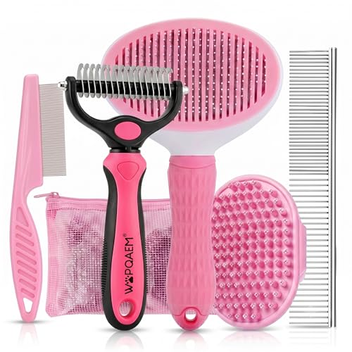 5-in-1 Dog Grooming Kit with Self Cleaning Brush & Rake, Pink | Professional Long & Short Haired Dog Hair Remover Set with One-Click Self-Cleaning Shedding Brush & Undercoat Rake for Cats - color: Pink