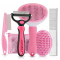 5-in-1 Dog Grooming Kit with Self Cleaning Brush & Rake, Pink | Professional Long & Short Haired Dog Hair Remover Set with One-Click Self-Cleaning Shedding Brush & Undercoat Rake for Cats - color: Pink
