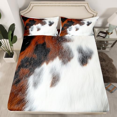 Cowhide Bedding Set for Boys, Cow Print Kawaii Bed Sheets Twin Size Bull Cattle Skin Sheet Set Farmhouse Animal Hair Fitted Sheet-Wildlife Fur Flat Sheet-1 Cowhide Pillow Csae(Black White Brown) - color: Multi 44, size: Twin