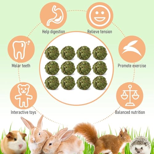 Hamiledyi 12 Pcs Rabbit Chew Ball Timothy Grass Ball Small Animal Activity Play Chew Toys Teeth Grinding for Bunny Rabbits Hamster Guinea Pigs Gerbils Chinchillas - style: Round 12 PCS