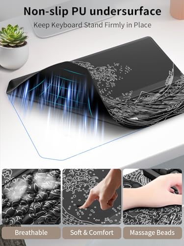 3-in-1 Ergonomic Keyboard Stand with Wrist Rest & Mouse Pad Set, Black Wave | Comfy Keyboard Riser Holder Soft Mousepad with Massage Design, Memory Foam and Non-Slip PU Base for Pain Relief - color: Black Wave