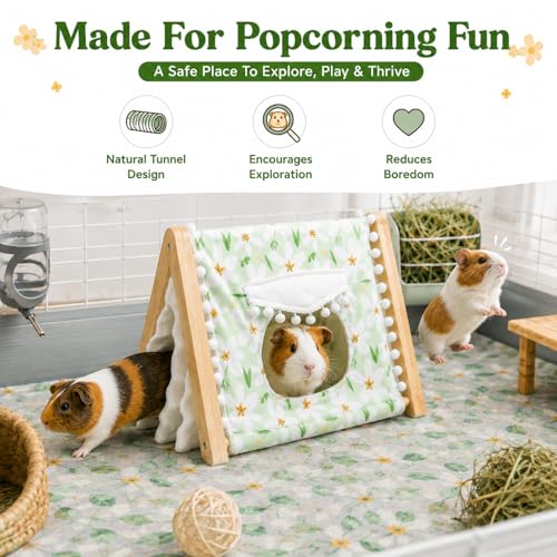 Guinea Pig Hideout No Bottom, Sturdy Bamboo Small Animal House with Window, Rabbit Bunny Tunnel, Easy to Assemble for Hamsters Bunny Rat Chinchillas Playing Hiding, Guinea Pig Cage Accessories, Green - color: Green