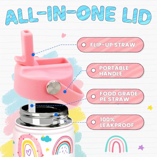 SANDJEST Rainbow Kids Water Bottle With Straw Lid 12oz Insulated Stainless Steel, Travel Tumbler, Gifts For Girls, Birthday, Christmas, Back To School - color: Rainbow 1