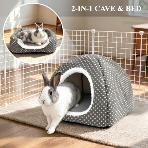 2 Pack Rabbit Hideout Large Bunny Bed Washable Rabbit House | Fleece Hiding Hut for Indoor Bunnies Guinea Pigs, Small Animal Hideaway - color: Gray+Light blue
