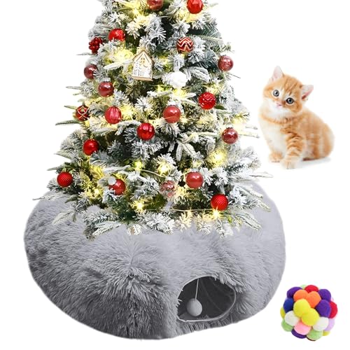 Indoor Cat Tunnel Bed with Central Mat, Under Christmas Tree Soft Fluffy Plush Collapsible Multi-Combinations Cat Donut Bed for Cats, Rabbits, Ferrets, Small Animalls(Gray) - color: Grey