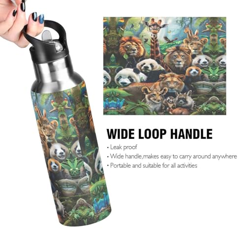 Africa Animals Water Bottle Kids Insulated Sports Vacuum Stainless Steel Mug with Straw Lid & Handle 20 oz - color: C341