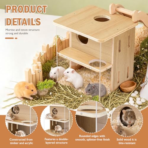 Double-Decker Hamster Hides with Acrylic Viewing Panels, Wooden Hamster Hideout for Syrian Hamsters Gerbils, Detachable Mouse House (Natural Color)