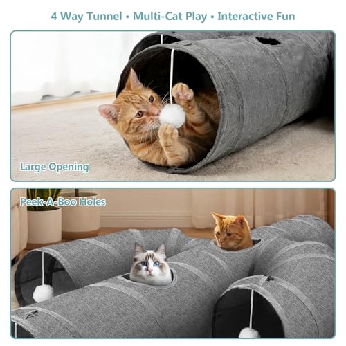 Ownpets Cactus Cat Tunnel 10" with Peek Holes for Indoor Large Cat, Grey | Durable Oxford fabric, noise-free, foldable & connectable, multi-cat friendly, tube for cats up to 20lb, includes ball & wand - size: 10 Inches in Diameter