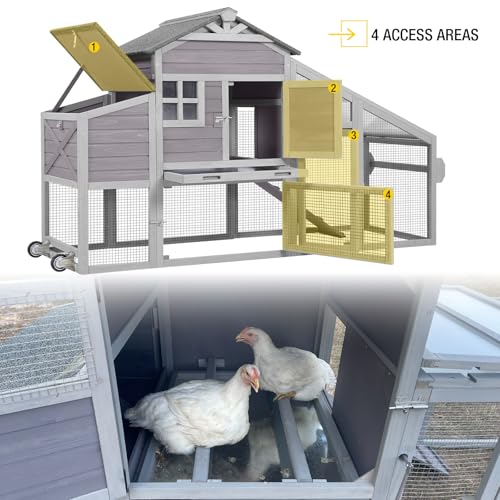 Aivituvin Chicken Coop Mobile Chicken House on Wheels Expandable Wooden Poultry Cage with Large Nesting Box Leakproof Pull-Out Tray Rabbit Hutch Bunny Cage,UV-Resistant Roof (Grey，AIR32) - size: Grey 73.38"L x 27.9"W x 43.2"H