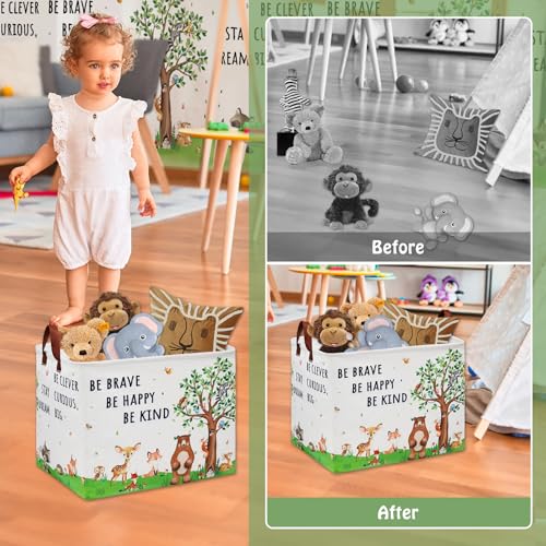 Woodland Nursery Decor Baby Shower Basket , Bear Baby Laundry Basket , Jungle Animal Baby Hamper Fox Rabbit Storage Bin Toy Bin Cute Collapsible Clothes Book Organizer Box - color: Green