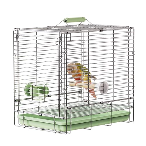 Bird Carrier Travel Cage - 304 Stainless Steel Portable Folding Bird Travel Cage with Parrot Feeder Cups & Standing Perch for Smaller Birds Conures Lovebird Cockatiel Parakeets (Green) | Easy install, includes carry bag. Rustproof, chew-safe, folds flat.