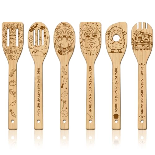 GLOBLELAND 6 Pcs Frightened Farm Animals Wooden Spoons Utensil Set Funny Pig Chicken Bamboo Carving Kitchen Cooking Utensils Wooden Engraved Cooking Spatula Sets for Kitchen Fun House Warming Gift - color: Farm Animals