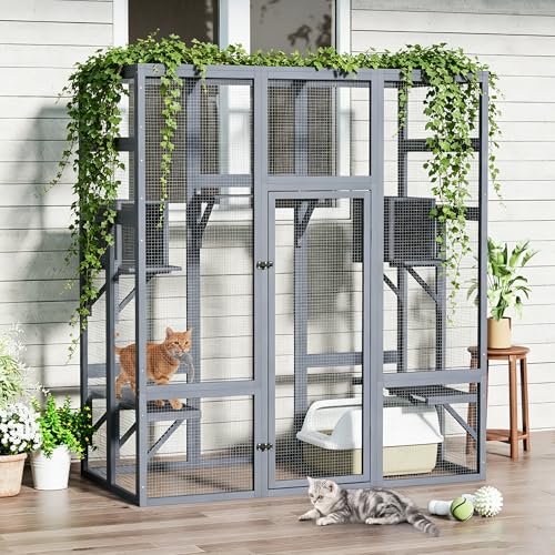 COZIWOW Weatherproof Wooden Multi-Level Indoor Outdoor Cat Enclosure | Multi jump platforms, resting boxes, lockable door, multi-pet compatible, weatherproof wood, easy assemble & clean