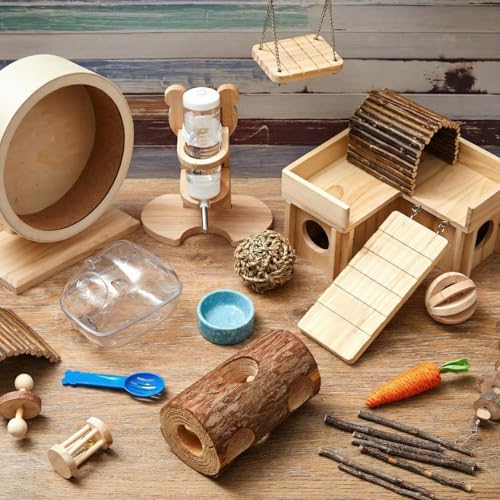 19 Pcs Hamster Cage Accessories & Habitat Set, Wooden Silent Exercise Wheel Wood Hide Out Tree Trunk Tunnel Tube Water Bottle Set Sand Bath Bowl Chew Toys for Dwarf Hamster Gerbil Mouse