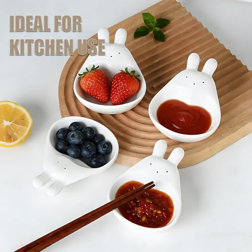 Rabbit Ceramic Soy Sauce Dishes - Set of 4 Cute Mini Dipping Bowls for Home Gift Sushi, Miso, and Side Dishes, Durable and Dishwasher Safe Appetizer Plates