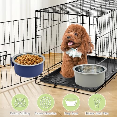 Tfwadmx 2 Pcs Crate Dog Bowl Cat Removable Stainless Steel Food and Water Feeder Hanging Cage Bowls Coop Cup with Cleaning Set for Pet Puppy Bird Rat Guinea Pig Bunny Rabbit (Dark Blue, Gray) - color: Dark Blue, Gray (2 PCS)