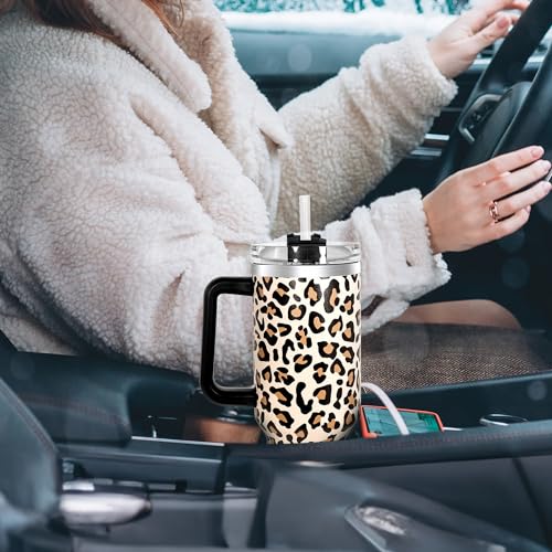 40 oz Tumbler with Handle and Straw, 100% Leak-Proof Travel Mug, Stainless Steel Double Wall Vacuum Insulated Coffee Cup Keeps Cold For 34 Hours, Cheetah - color: Cheetah