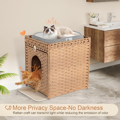 Snughome Cat Litter Box Enclosure Furniture Hidden with Litter Mat, Hidden Washroom Furniture with Door, Handwoven Rattan Cat Washroom Box, Indoor Pet House for Living Room, Bedroom(Natural) - color: Natural