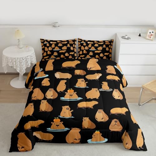 Erosebridal Capybara Comforter Set Gift for Girls Boys Kids, Cartoon Animal Bedding Set Full Size Funny Mouse Rodent Bedding Comforter Sets Black Brown Capybara Decor Quilt with 2 Pillow Cases - color: Multi 15, size: Full