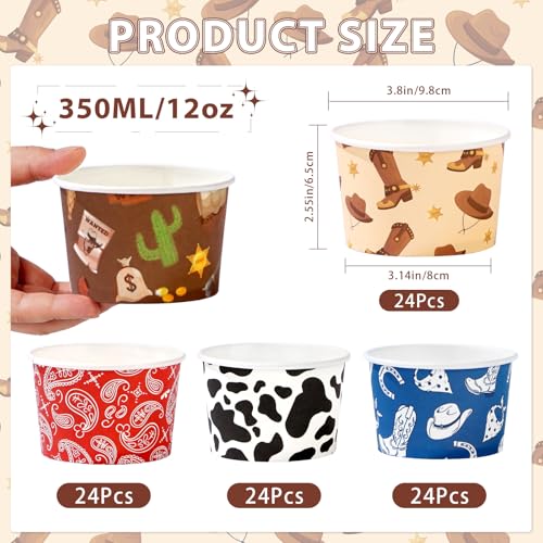 120Pcs 12oz Western Cowboy Ice Cream Cups for Hot or Cold Food | Rodeo Dessert Bowls Disposable Bandana Cowboy Boot Large Snack Cups for Western Birthday Bachelorette Party Favor - style: Western Dessert Cup