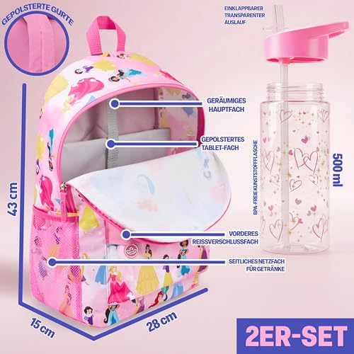 Get Trend Disney Princess Kids Backpack with Water Bottle Set for Girls, 2 Pc 17in Bookbag with Padded Straps Gifts for Girls (Pink Princess) - color: Pink Princess