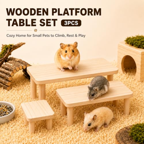 3-Piece Wooden Hamster Platforms – Large, Medium & Small Play Stands for Dwarf, Gerbils, Mice, Degus, Squirrels & Other Small Pets – Cage Accessories for Climbing, Chewing, Hiding & Exploring