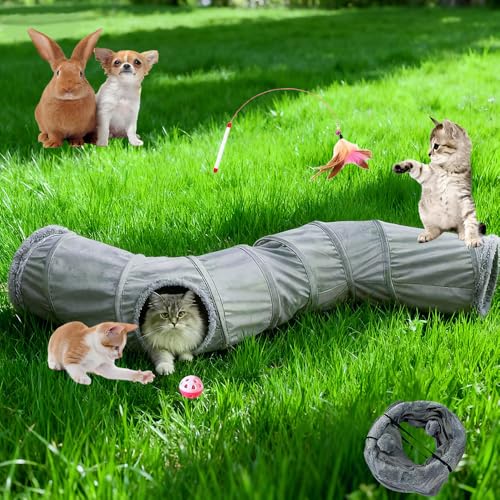 2-Way Collapsible Cat Tunnel Tube Toy Pack— Interactive Play Tunnel with Peek Holes, Ball and Wand Toy for Indoor Cats, Kittens, Puppies & Rabbits | Hours of Fun & Exercise - color: Grey fleece