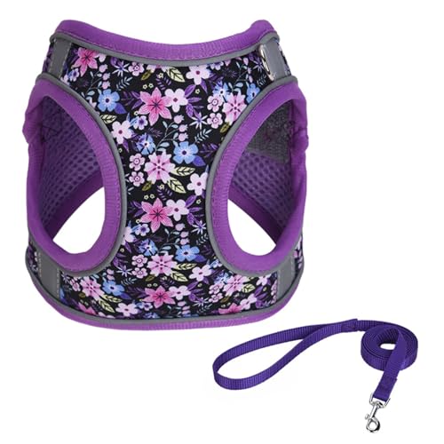 Step in Dog Harness No Pull Flower Adjustable Soft Mesh Harness | Reflective Pet Vest Harness and Leash Set for Small Medium Dogs - color: Purple, size: S(neck:10.5"-12",chest:13.5"-16")