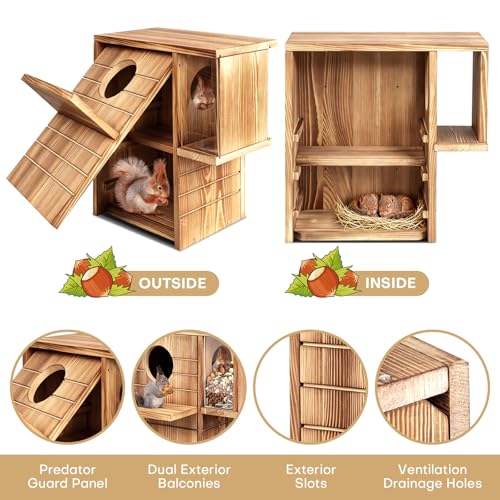 Squirrel House for Outside with Feeder, 2-in-1 Weatherproof Pine Wooden Large Squirrel Nesting Box with Predator Guard & Easy Assembly, Chipmunk House for Breeding Living, Year-Round Shelter