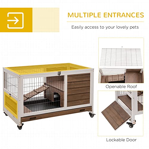 PawHut Wooden Rabbit Hutch Indoor Outdoor, Elevated Bunny Cage with No Leak Tray Enclosed Run with Wheels, Ideal for Guinea Pigs and Small Animals, Brown | No Leak Tray Enclosed Run with Wheels, for Rabbits, Chickens, Ducks, Guinea Pigs and Small Animals