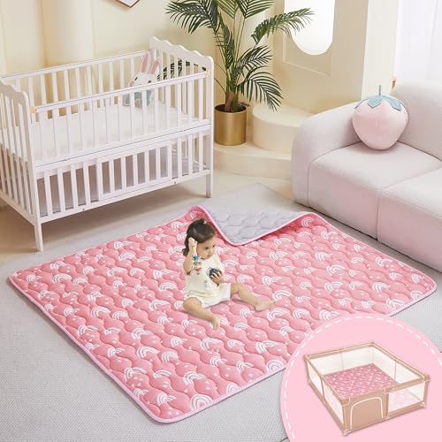 Viviland Baby Mats for Floor, 50x50 Inch Playpen Mat, Thick Playmat for Baby and Toddlers Infants, Non-Slip & Machine Washable, Pink Rainbow - color: Pink Rainbow, size: 50" X 50"
