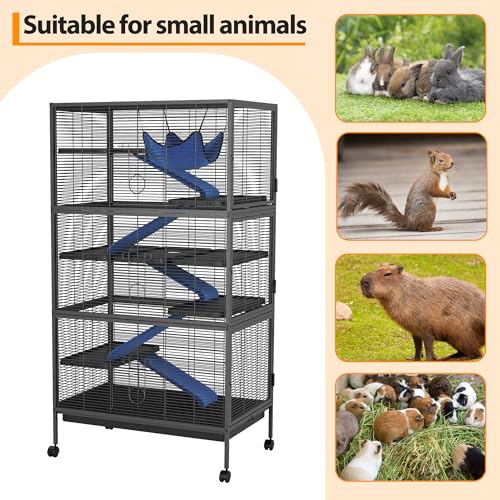 50" Large Metal Ferret Cage, Small Animal Habitat with Lockable Doors, Ramps, Wheels, Storage Cabinet, Multi-Level Chinchilla Cage for Chinchillas, Ferrets, Guinea Pigs, Rats, Hammock(Black) - size: 50in
