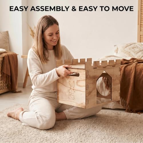 HIIMALEX Large Sturdy Bunny House with Spacious Balcony Hidey Detachable Playhouse for Rabbit Hideout Castle Tower Toys for Indoor Bunnies Guinea Pig Hamster Chinchilla Gerbil