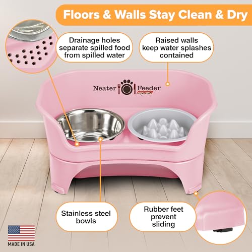 Neater Feeder Express Mess Proof Dog Bowls Elevated for Medium and Large Breed – Made in USA – No Spill Raised Slow Feeder Elevated Dog Bowl Stand, Slow Feed Food and Water Bowl Set, Pink - color: Pink, size: Medium to Large w/ 9 Peak Slow Feed Bowl
