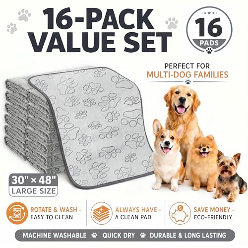 Reusable Puppy Pads, Washable Pee Pads, Leakproof 48"x 30" 16 Pack | High Absorbency Dog Training Pads, Wee Wee Pads With Waterproof Non-Slip Base For Indoor Potty, Crates, Playpen & Senior Dogs - size: 48x30(pack of 16)-Gray