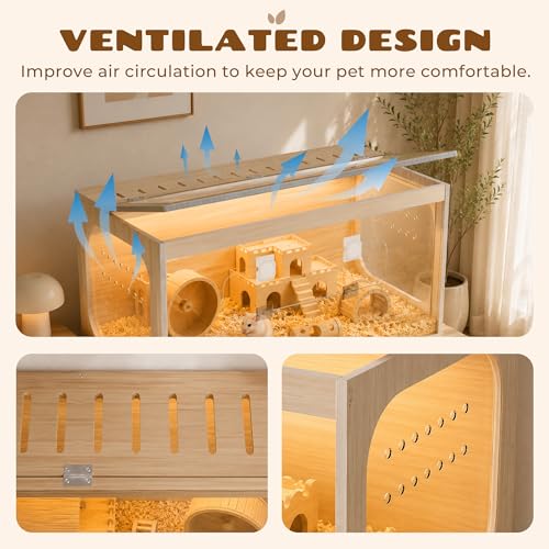 32" Large Wooden Hamster Cage with Lockable Front Access Door & Openable Top, Thick Acrylic Panels, Ventilated Hamster Habitat for Syrian Hamsters, Dwarf Hamsters, Gerbils, Guinea Pigs