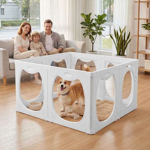 Clear PET Dog Playpen Indoor, 8-Panel Heavy-Duty Transparent Puppy Playpen, Modular Pet Fence Enclosure for Small Medium Dogs, Easy to Assemble (White, 24 Inch H, 8 Panels) - color: White