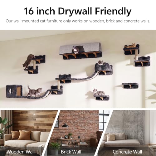 16-in-1 Cat Wall Shelves, Cat Furniture w/Tunnel & Bridge, Grey | Wall Mounted Cats Shelf Set with Plush Fabric, Cat Climbing Wall Systems for 16 Inch Drywall, with Scratching Posts, Condos - color: Grey, size: 16-in-1
