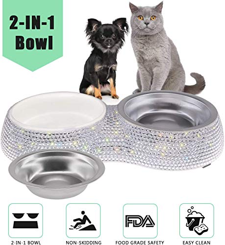 SAVORI Small Dog Bowls, Handmade Bling Rhinestones Stainless Steel Pet Bowls Double Food Water Feeder for Puppy Cats Dogs Cats (Silver-320ml) - color: Silver-320ml