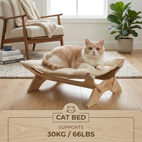 JSPYFITS Elevated Cat Bed Hammock, Raised Cat Bed with Dual-Sided Plush & Linen Cushion, Machine Washable & Breathable Cover Tool Free Easy Assembly, up to 66Lbs (Beige) - color: Chic Beige