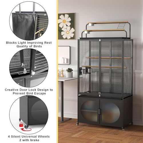 GDLF 72-Inch Parrot Bird Cage with Play Top and Storage Cabinet | Includes a UV-blocking cover, removable cleaning tray, four stainless steel bowls, perches, and lockable rolling casters