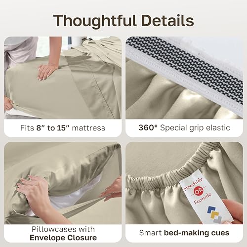 California Design Den Certified 100% Egyptian Cotton Full Bed Sheets, Beige | Backed by Good Housekeeping Seal, Light & Airy Soft Sateen, 15" Deep Pocket, All-Around Elastic, Durable, Easy Care 4pc Set - color: Beige, size: Full