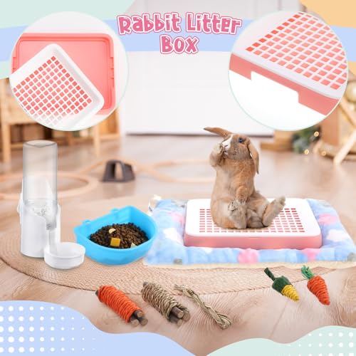 19 Pcs Rabbit Starter Kit Small Bunny Litter Box Rabbit Grooming Kit Water Bottle Bunny Toys Hay Feeder Bowl Blankets with Cleaning Set for Guinea Pig Accessories (Pink-White,Strawberry Bear) - color: Pink-white, style: Strawberry Bear